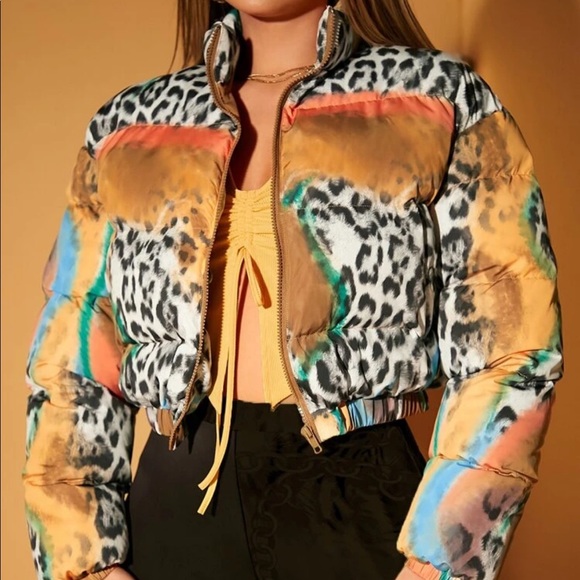 SHEIN SXY Zip Up Leopard And Tie Dye Winter Coat - Picture 2 of 5